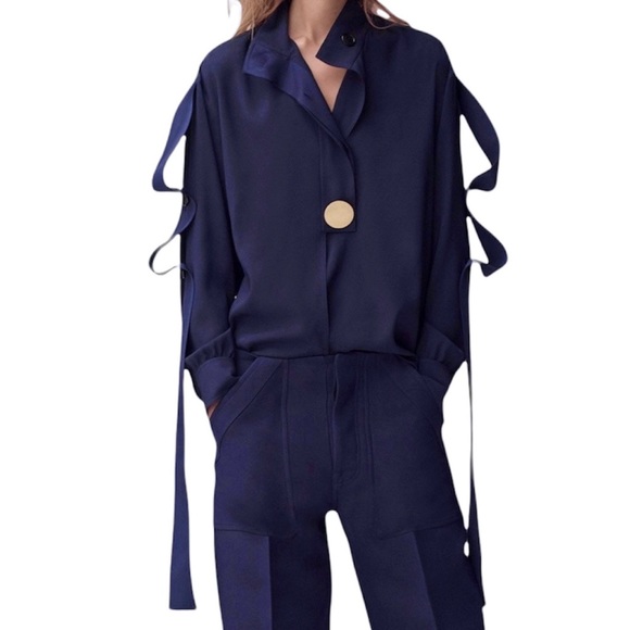 CÉLINE NAVY BLUE SILK SHIRT WITH STRAPS SIZE 40 PHOEBE PHILO - Picture 1 of 10